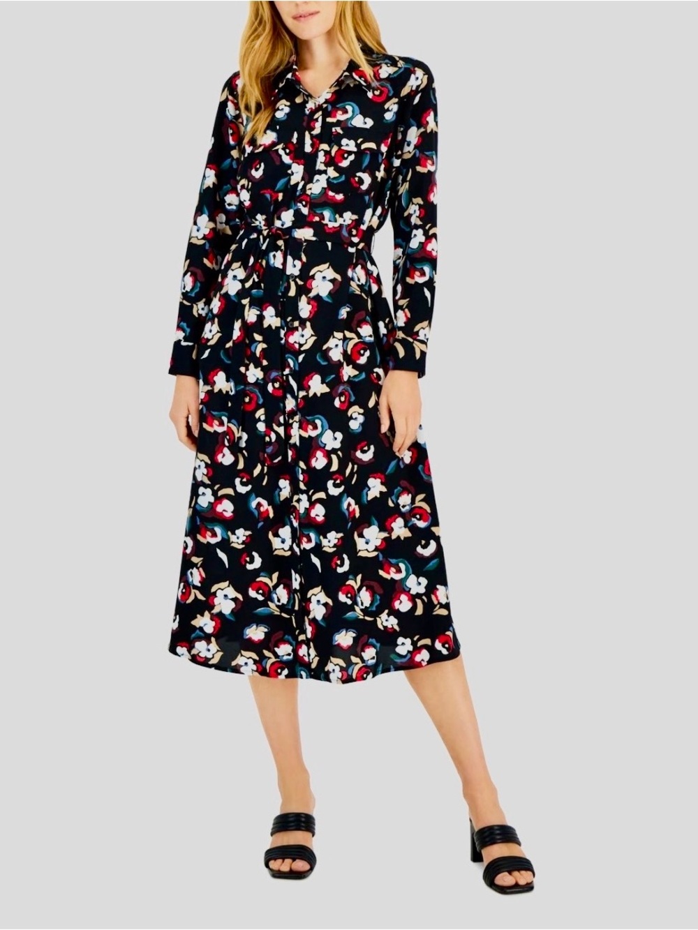 Alfani Black Floral Button-Front Long Sleeve Shirt Dress